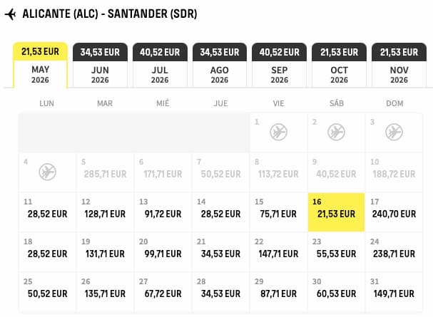 vuelos alicante santander Vuelos Alicante - Santander calendario precios mayo 2026