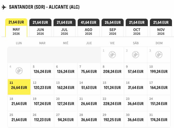 vuelos santander alicante Vuelos Santander Alicante calendario precios mayo 2026