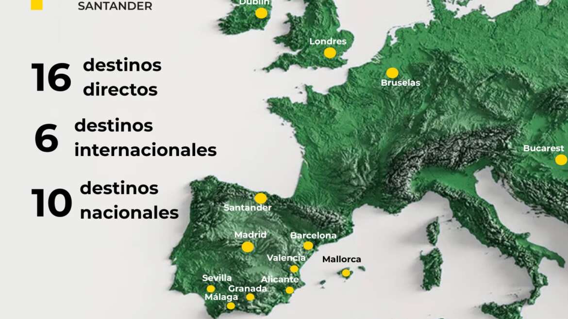 Mapa de destinos desde el aeropuerto de Santander. 16. vuelos directos