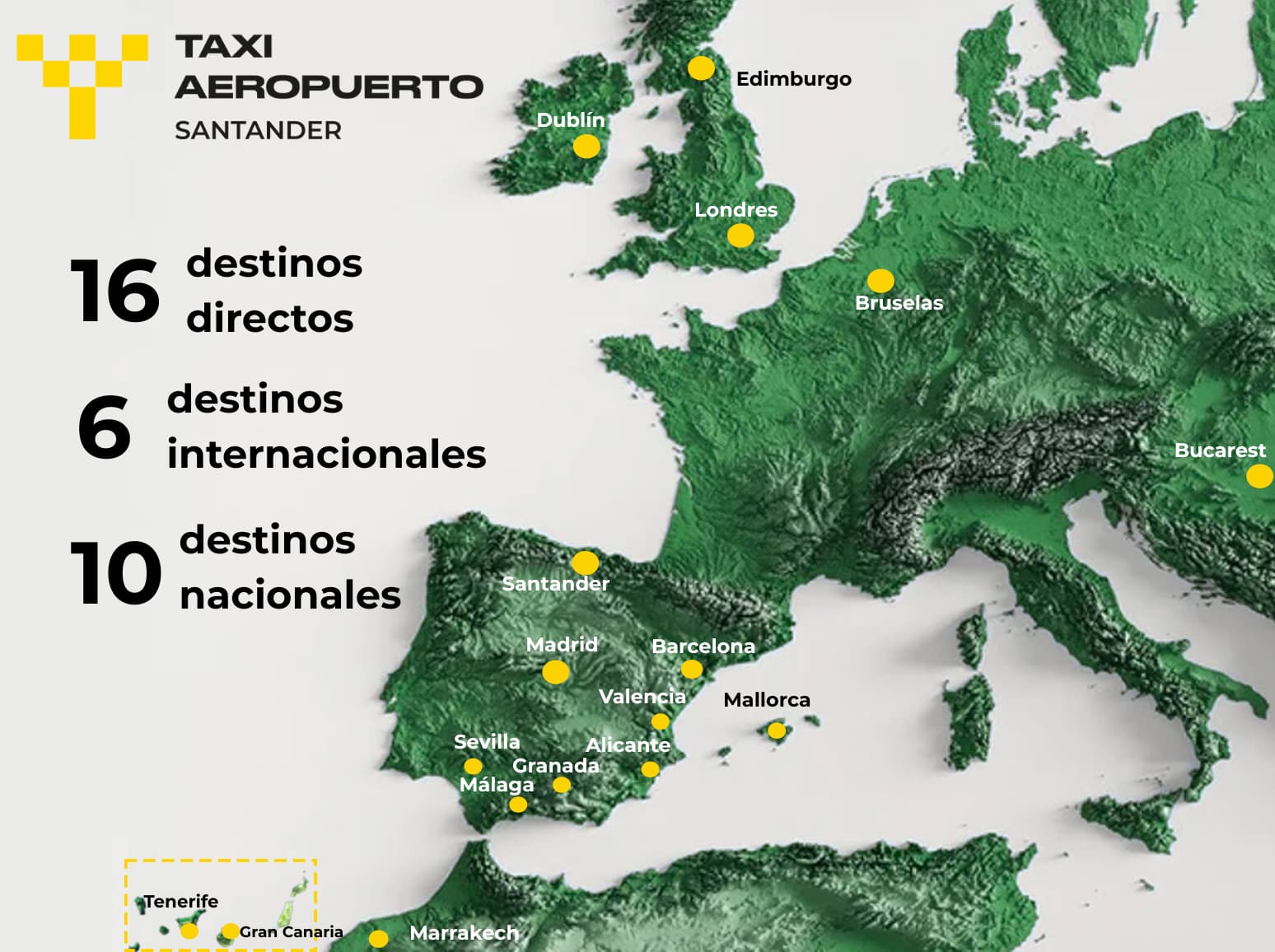 Mapa de destinos desde el aeropuerto de Santander. 16. vuelos directos