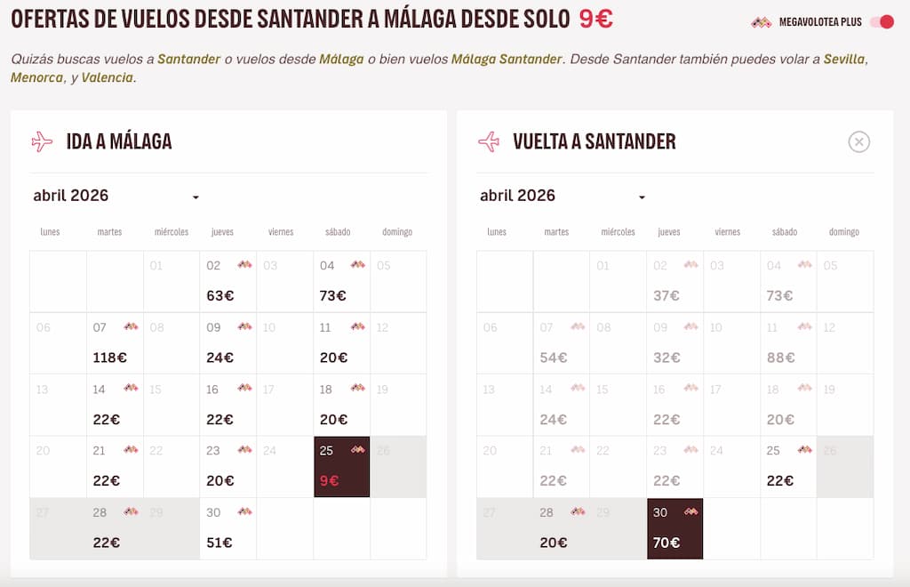 Malaga mega Volotea plus Vuelos Santander - Málaga con Mega Volotea Plus desde 9€